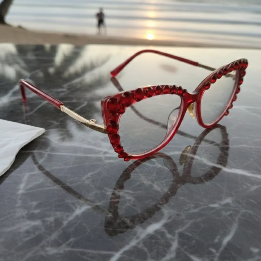 Women's Bling Cat Eye Readers Red Rhinestones AB Reading Glasses Black +1.50
